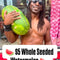 A shirtless man holds a large whole watermelon in front of a storefront. A large text overlay at the bottom reads '$5 Whole Seeded WATERMELON Pre Order Oline' 