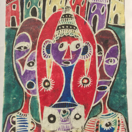  “Mother Of The World” batik on rice paper by Ade Oyelami Nigerian artist 20th century in Philadelphia Pa. An abstract depiction of two men standing on either side of a woman