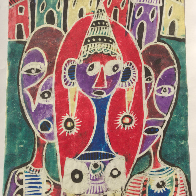  “Mother Of The World” batik on rice paper by Ade Oyelami Nigerian artist 20th century in Philadelphia Pa. An abstract depiction of two men standing on either side of a woman